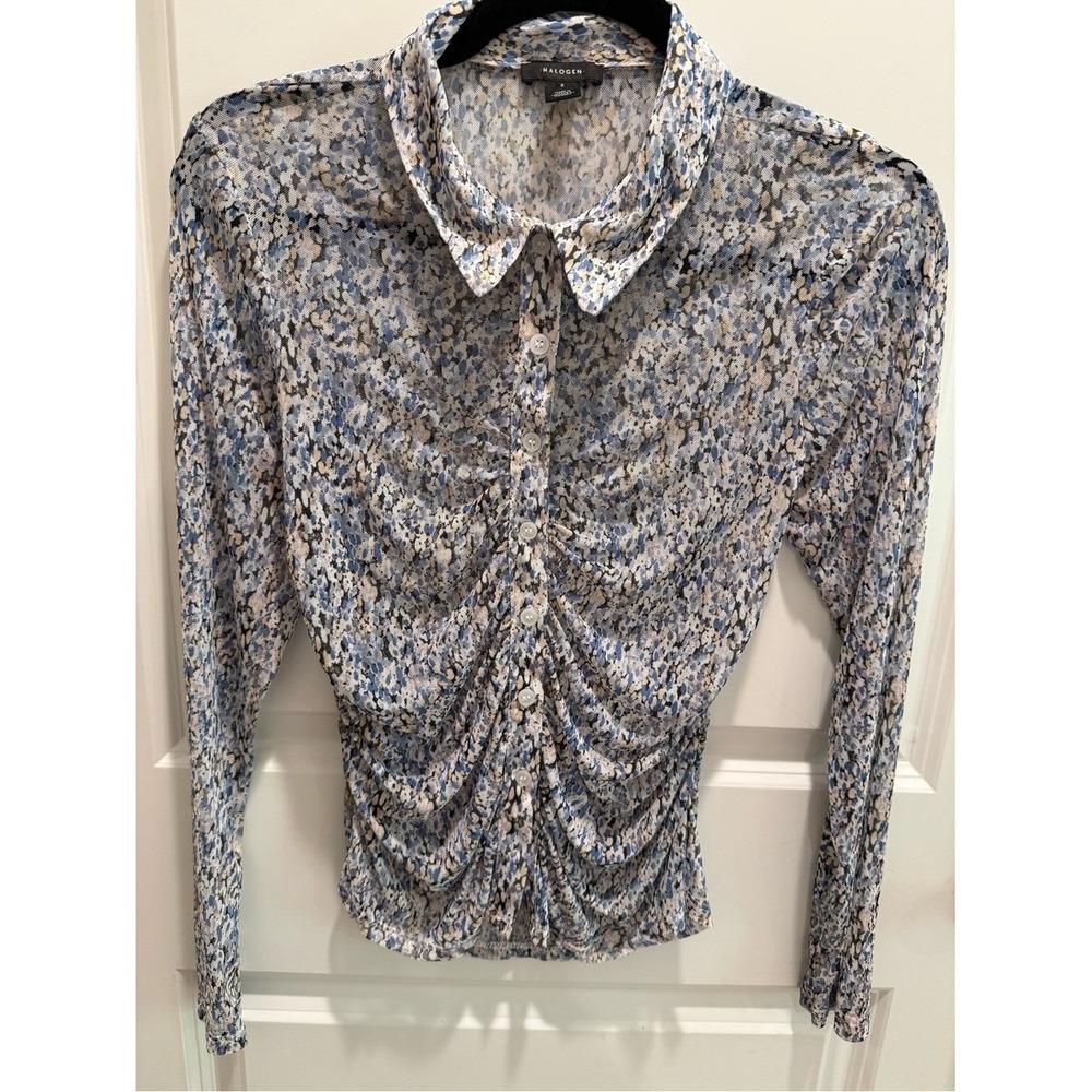 Nordstrom Ruched Floral Mesh Button Up Top  Small Blue Floral Coquette Style